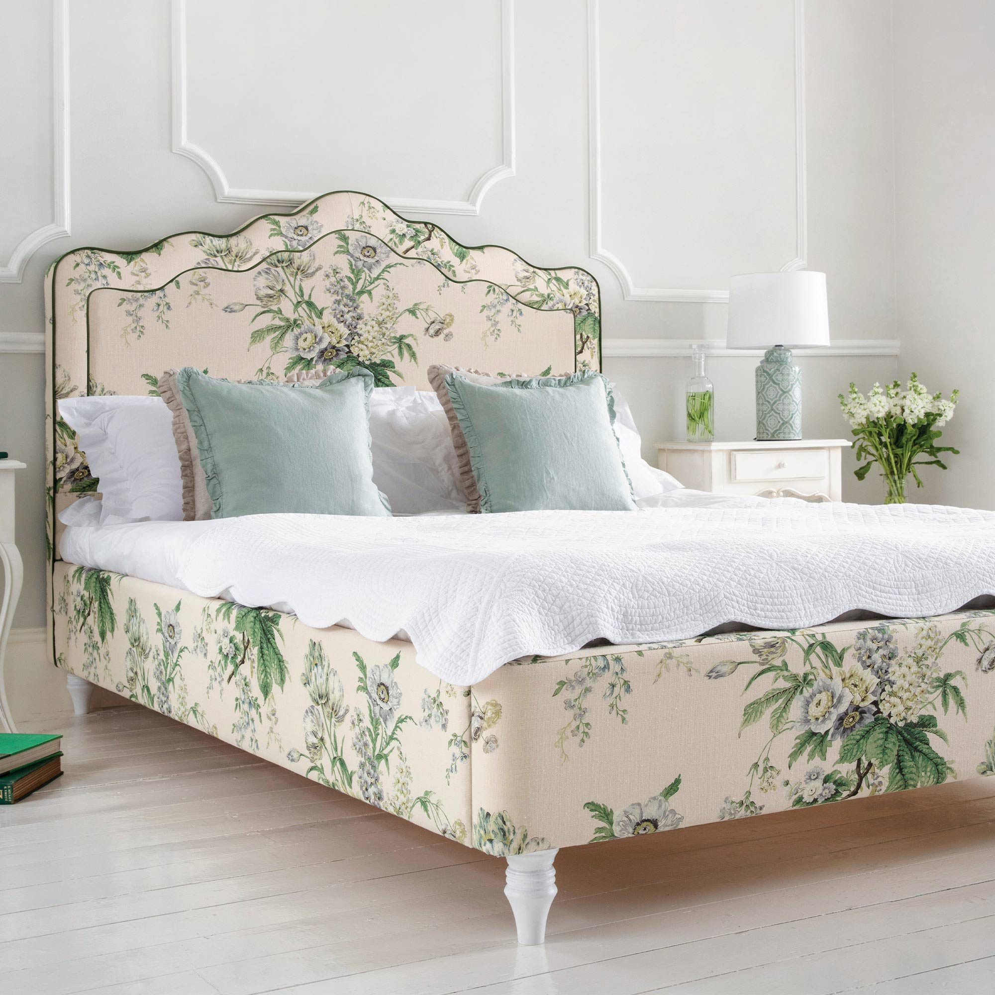 Floral Linen Upholstered Bed in a Green and Ivory