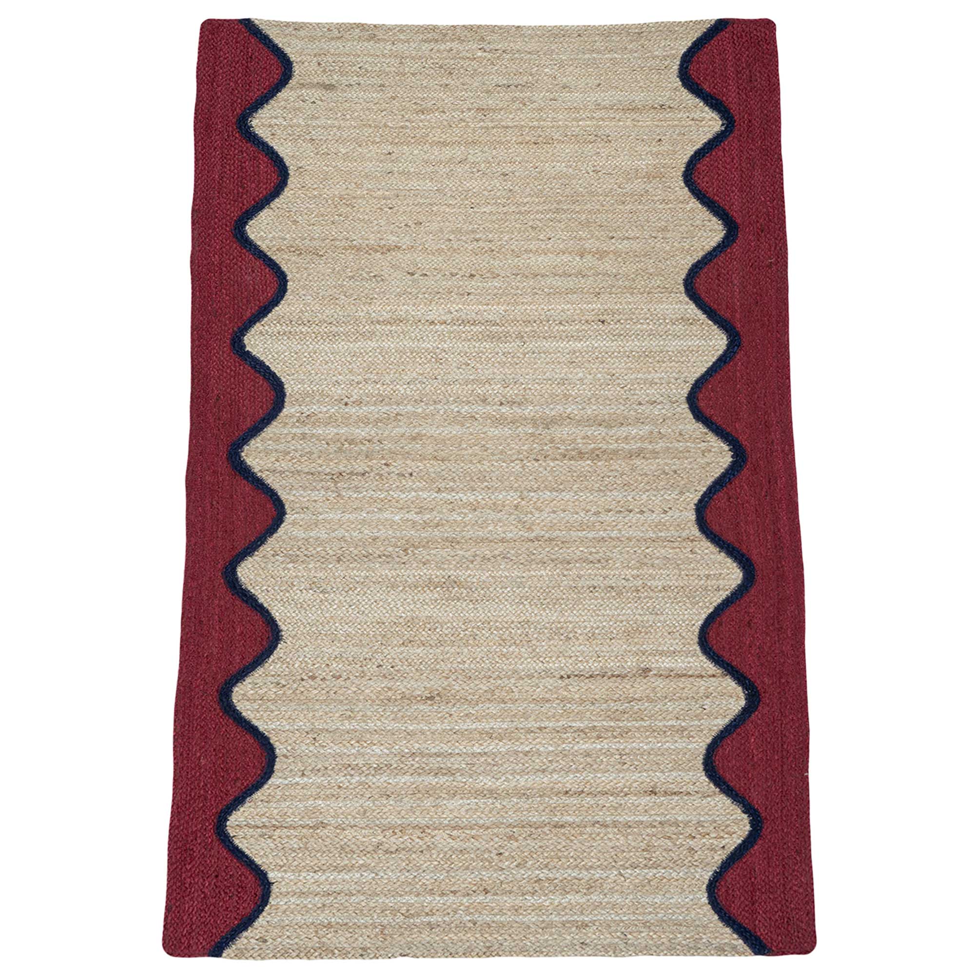 Hand-Woven Rug in Berry Red and Blue Scallop Design