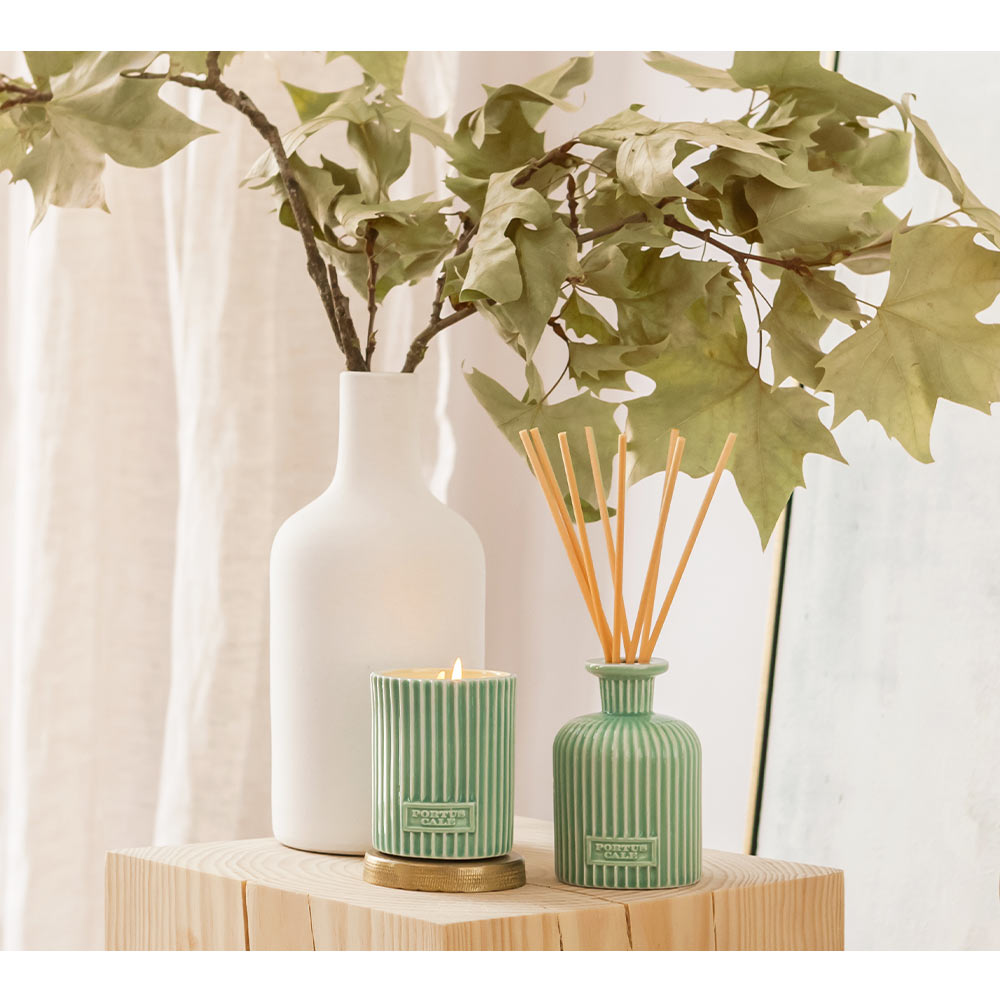 A Sage Green Glass Diffuser with Reeds