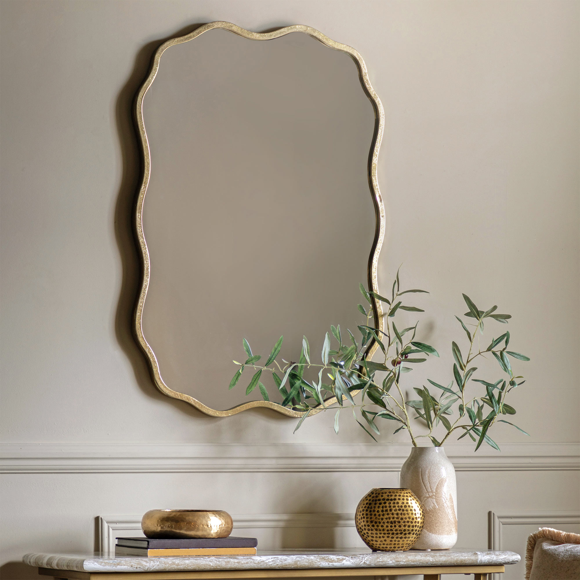 Antique Brass Gold Squiggle Wall Mirror with Waves Edges